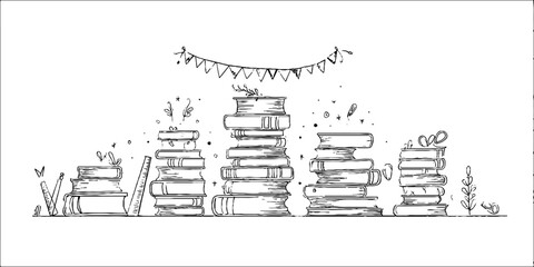 Obraz premium Hand drawn doodle banner with book stack and pen for creative design
