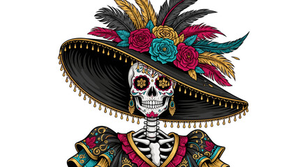 Elegant Skull Lady Wearing Festive Hat With Feathers
