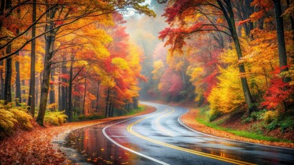 Fototapeta premium Autumnal Road Winding Through Vibrant Foliage on a Misty Day