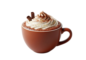 A rich, frothy hot chocolate beverage rests in a rustic terracotta mug, topped with whipped cream and chocolate shavings.