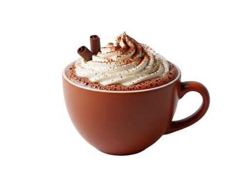A rich, frothy hot chocolate beverage rests in a rustic terracotta mug, topped with whipped cream and chocolate shavings.