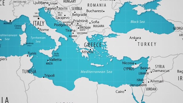 Greece on the World Map with Animated National Flag