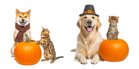 Adorable dogs and cats dressed in autumn and Thanksgiving outfits with bright orange pumpkins isolated on transparent background for festive seasonal design and holiday celebration concept