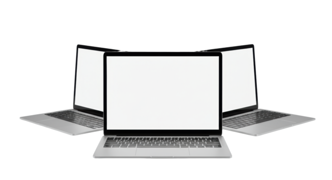 Three identical silver-grey laptops with blank white screens arranged on a transparent studio surface, illuminated by soft professional lighting, symbolizing digital readiness