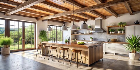 Fototapeta premium Modern Farmhouse Kitchen Design with Island and Abundant Natural Light