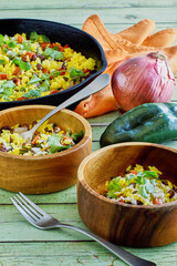 chorizo sausage fried rice with bell peppers, onion, jalapenos, and cilantro