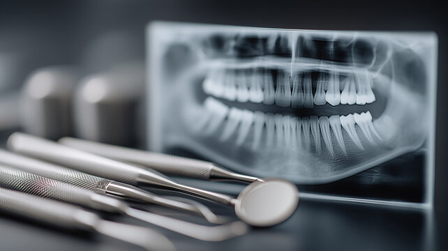Dental instruments with panoramic x ray illustrating diagnosis workflow, treatment planning, and modern imaging in a professional clinic.
