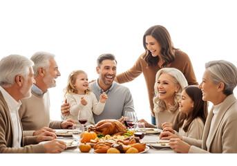 A joyous family gathering around a Thanksgiving dinner table, sharing laughter and food with loved ones