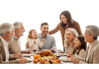 A joyous family gathering around a Thanksgiving dinner table, sharing laughter and food with loved ones