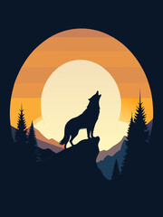 Majestic wolf howling at the full moon silhouette in a mystical forest landscape under a vibrant sunset sky