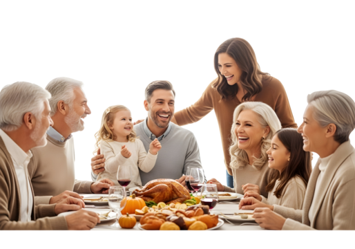 A joyous family gathering around a Thanksgiving dinner table, sharing laughter and food with loved ones