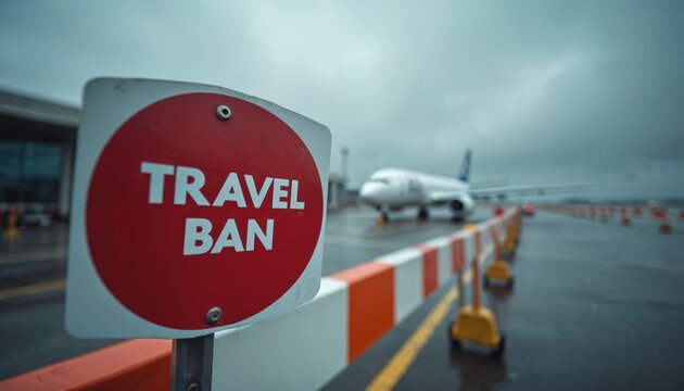 Travel ban sign at airport. Blurred airplane, cloudy sky in background. Red, white barrier. Signage communicates restriction of movement, public safety, regulatory measures impacting aviation