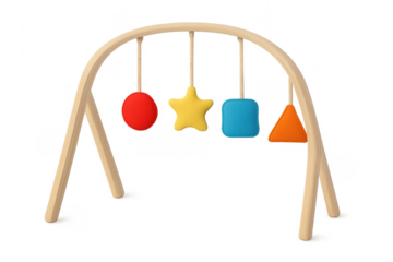 Wooden baby gym play arch with hanging toys on transparent background