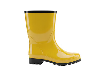 A glossy, vibrant yellow rain boot, isolated against a black background, showcasing its smooth surface and sturdy sole.