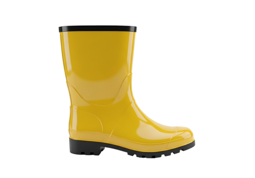 A glossy, vibrant yellow rain boot, isolated against a black background, showcasing its smooth surface and sturdy sole.