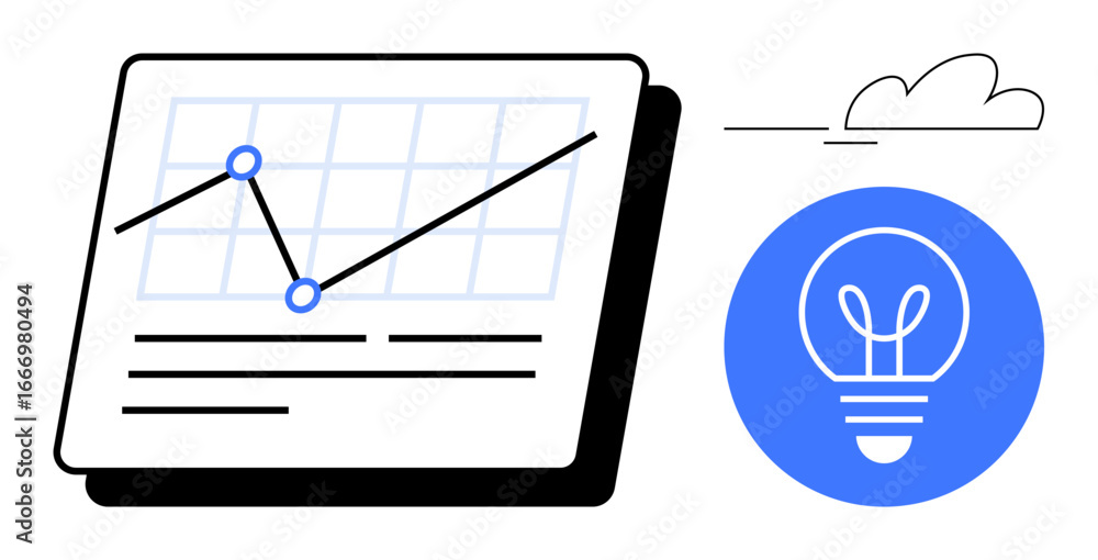 Poster analytics chart with growth line and data points, complemented by a blue lightbulb icon for innovati