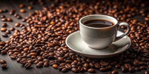 Fototapeta premium Aromatic Dark Roast Coffee in a White Cup Surrounded by Roasted Beans