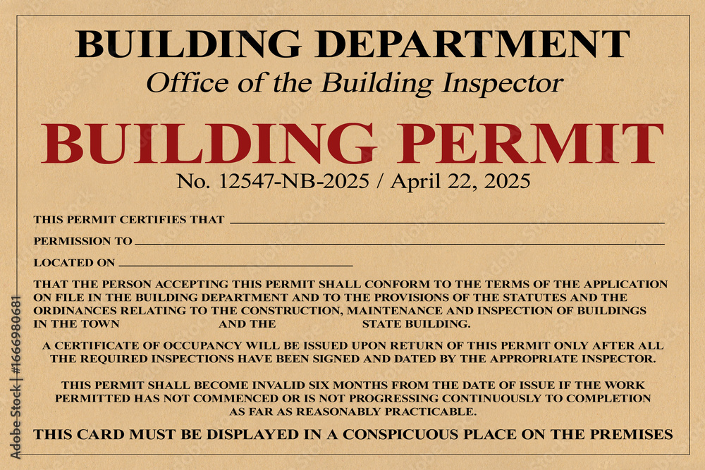 Poster imaginary but realistic building permit template with text fields for certification, permission, loc