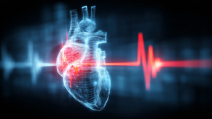 Digital heart with a heartbeat waveform illustrating cardiology diagnostics, patient monitoring, and critical life signals.
