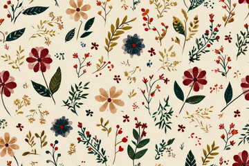 Fototapeta premium Scandinavian eco floral pattern. Ethnic garden leaf background. Organic flower plants shapes. Folk with flowers on light beige background. Traditional wildflowers motif. Ditsy