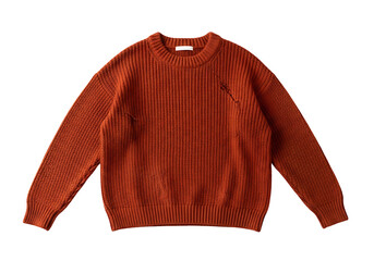 A rust-colored ribbed knit sweater with distressed details is presented against a black backdrop.