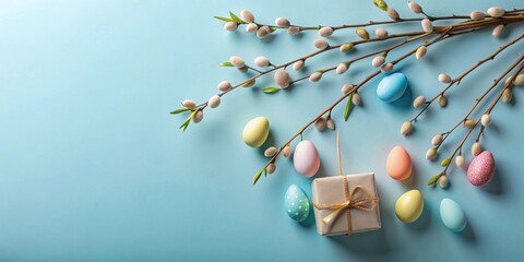 Pastel Easter eggs and pussy willow branches with a gift