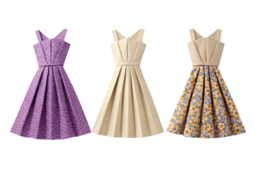 Three vintage style dresses with full skirts in purple cream and floral patterns isolated on white background