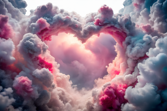 Dreamy heart shaped cloud formation with pink and white hues isolated on white background