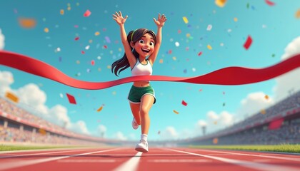 3D female avatar runner jubilantly crosses finish line amidst confetti. Celebrating victory with raised arms on stadium track. Athlete achieves goal in championship race. Digital illustration elation.