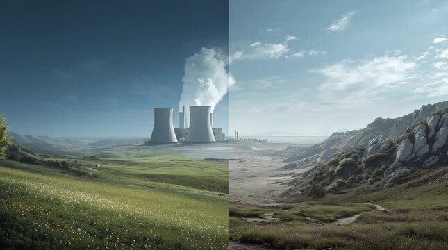 A conceptual split-screen image. On the left, a beautiful, untouched natural landscape with lush forests, clean rivers, and vibrant wildlife