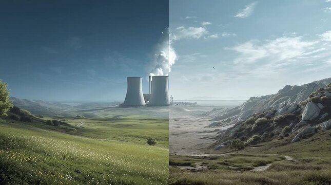 A conceptual split-screen image. On the left, a beautiful, untouched natural landscape with lush forests, clean rivers, and vibrant wildlife