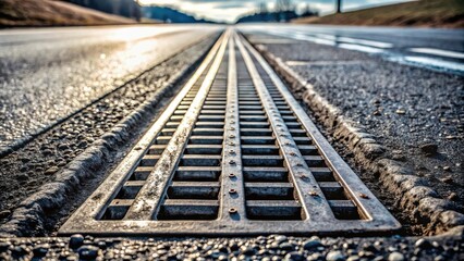 Roadway Drainage System Detail  Close-up View of Metal Grate and Asphalt