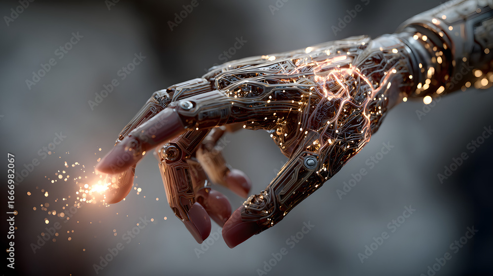 Poster human and robot hand touchng connection technology atificial intelligence machne learning concept ne