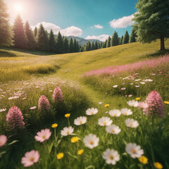 Fototapeta premium Blooming meadow path with daisies and wildflowers in summer mountain landscape, Generative AI