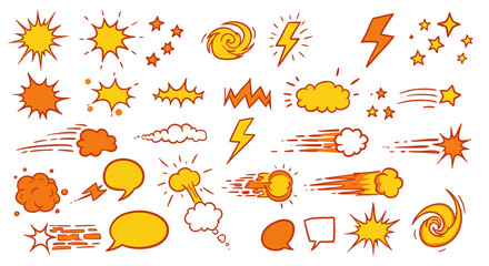 Collection of Comic Book Style Sound Effect Illustrations and Visual Elements Demonstrating Explosions Speed Lines Clouds Stars and Twisters