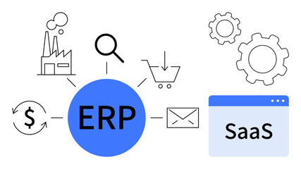ERP central hub connecting manufacturing, shopping cart, email, currency, and processes thumbs up communication, cloud computing. Ideal for business tools, automation, efficiency digitalization