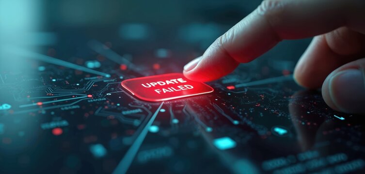 Finger presses glowing red update failed button on futuristic digital interface. Represents technology malfunction, software error, cyber security issue, system crash and innovation challenges.