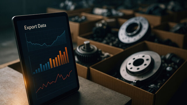 Export data analysis showcases automotive parts in warehouse setting, highlighting trends and insights for export opportunities