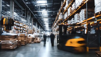 Large warehouse interior, filled with products on high shelves.  Workers are subtly visible moving through the space