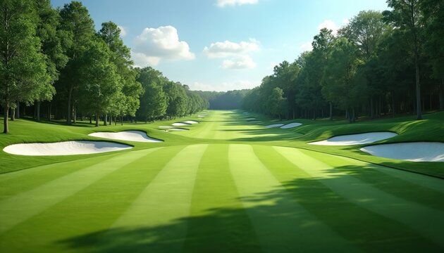 Expansive golf course featuring manicured green grass fairways and white sand traps. Rich trees line the course under a clear blue sky with scattered clouds.