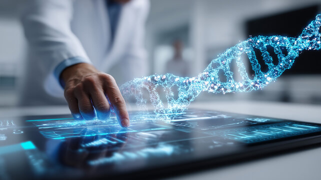 Finger interacting with a digital DNA helix rising from a tablet, representing genomics data intelligence personalized medicine and the future of biotech.
