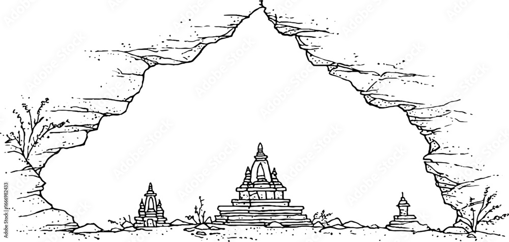 Poster hand drawn temple in triangular border with cave illustration for art and design