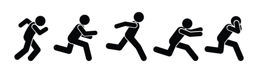 running man icon set, stick figure stickman, human silhouette, run, rush, isolated pictograms people