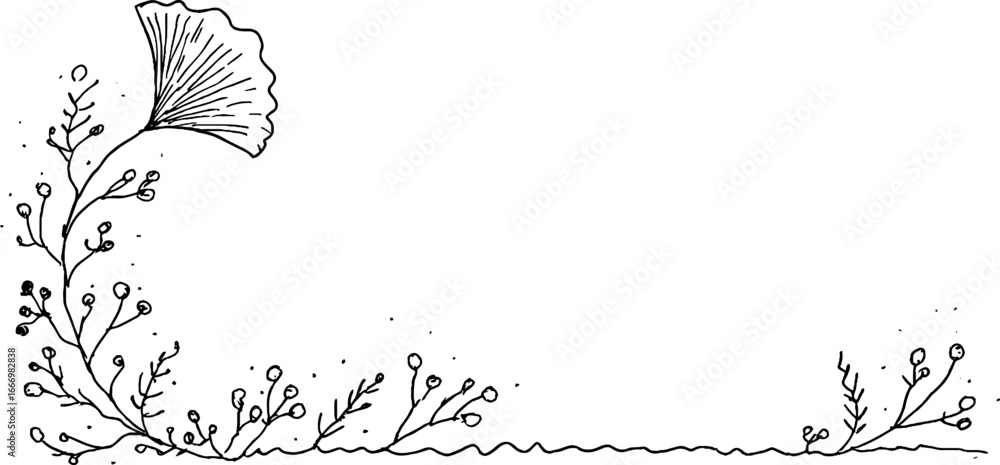 Poster hand-drawn doodle corner design featuring ginkgo leaf and curl elements for creative projects