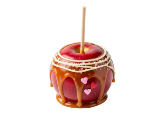A delectable caramel , dripping with caramel sauce, is adorned with small pink hearts and a sprinkle of white sugar, showcasing a beautiful display of sweet treats.