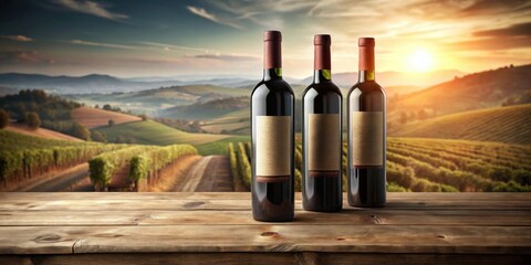 Three bottles of red wine on a rustic wooden table overlooking a vineyard at sunset