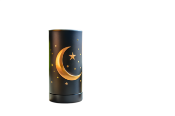 A cylindrical decorative object with a golden crescent moon and stars design isolated on white background