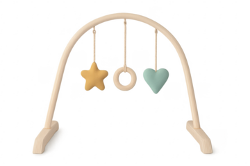 Wooden baby gym toys hanging showing star, heart and ring on transparent background