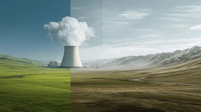 A conceptual split-screen image. On the left, a beautiful, untouched natural landscape with lush forests, clean rivers, and vibrant wildlife