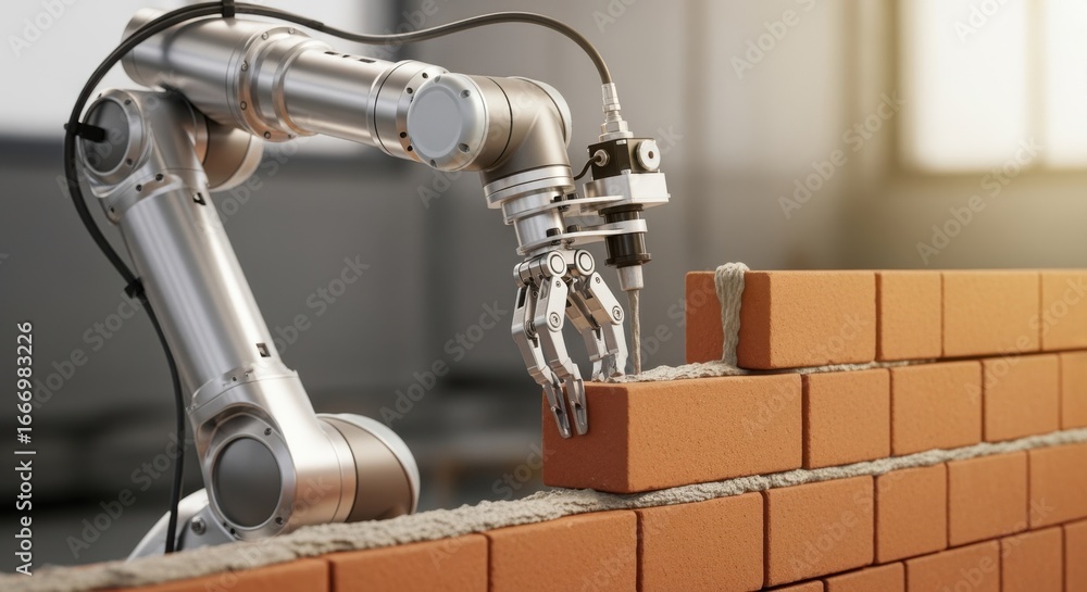 Poster smoothmotion capture of a robotic arm combining bricks with cement demonstrating precision and robot